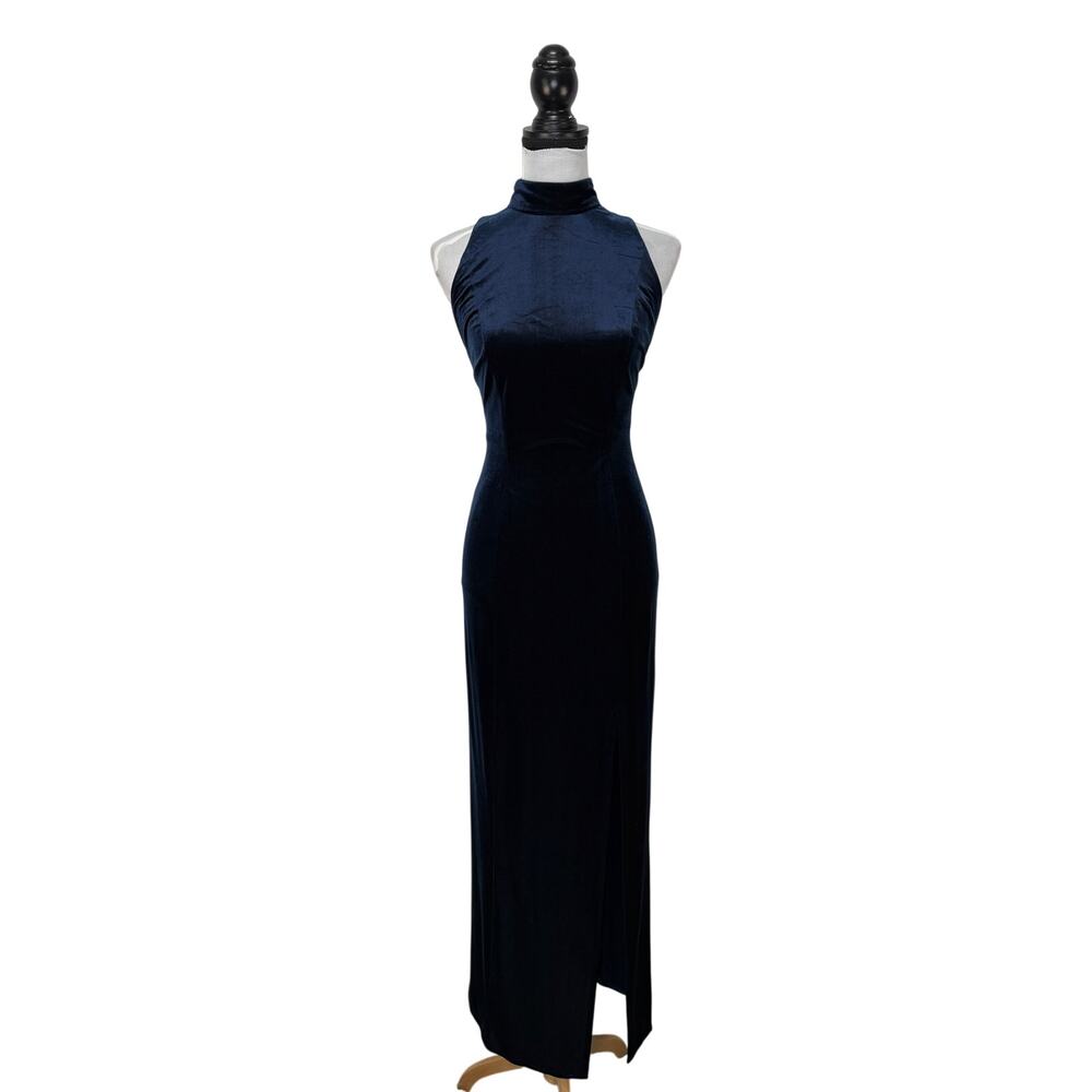 Vintage Blue Velvet Long Halter Formal Dress - Women's Size 8